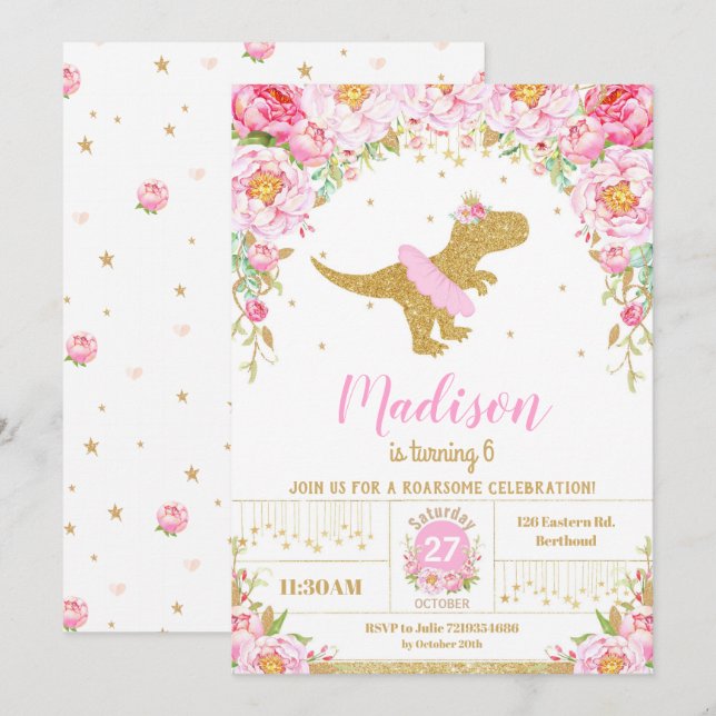 Floral Dinosaur Birthday Invitation Girl T-Rex (Front/Back)
