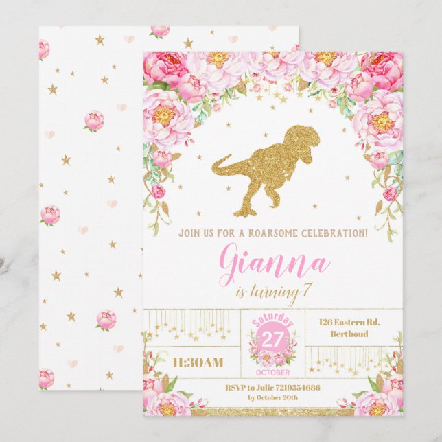 Floral Dinosaur Birthday Invitation Girl T-rex (Front/Back)