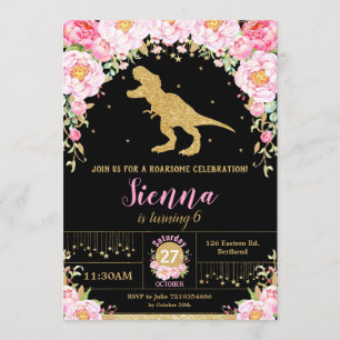 Floral Dinosaur Birthday Invitation Girl T-rex