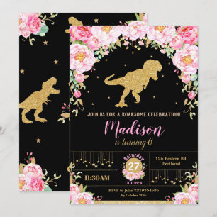 Floral Dinosaur Birthday Invitation Girl T-Rex