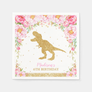 Floral Dinosaur Birthday Party Gold Glitter T-Rex Napkin