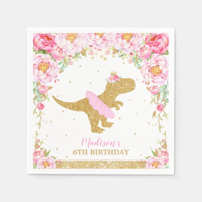 Floral Dinosaur Birthday Party Pink Tutu T-Rex Napkin (Front)