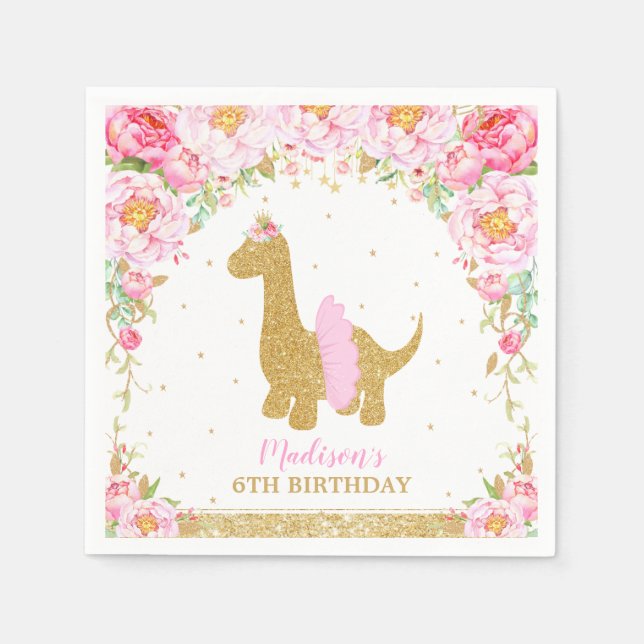 Floral Dinosaur Birthday Pink Tutu Brachiosaurus Napkin (Front)