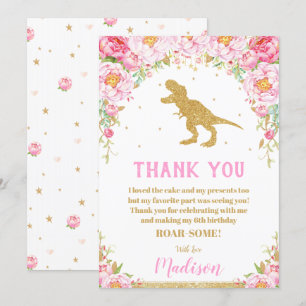 Floral Dinosaur Birthday Thank You Card Girl T-Rex