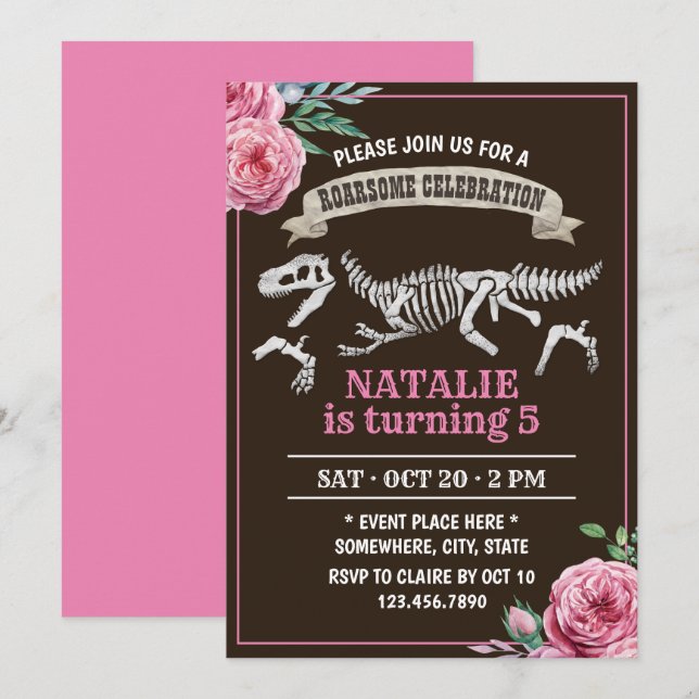 Floral Dinosaur Girl Birthday Party Invitation (Front/Back)