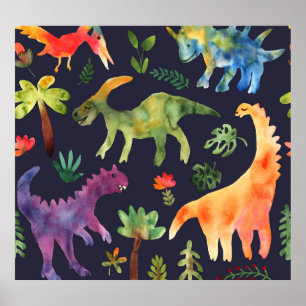Floral Dinosaurs: Watercolor Fabric Design Poster