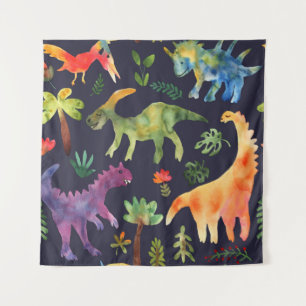 Floral Dinosaurs: Watercolor Fabric Design Tapestry