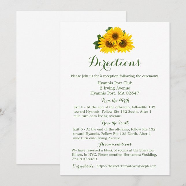 Floral Directions Details Yellow Sunflower - Green Invitation (Front/Back)