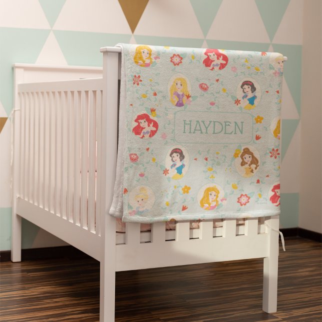 Floral Disney Princess Portrait Pattern Fleece Blanket (Blanket on crib)