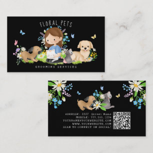 Floral Dog & Cat Pet Care Services Grooming Black Business Card