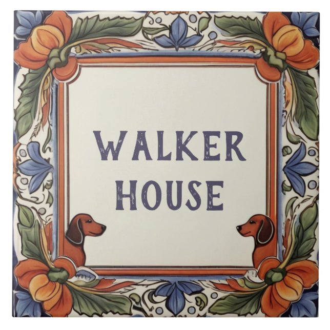 Floral Dog Custom House Name Plate Sign Plaque Tile (Front)