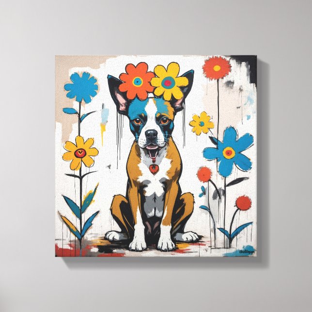 Floral Dog Doodle Art Canvas Print (Front)