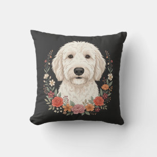Floral Dog Portrait Botanical Wreath Throw Pillow