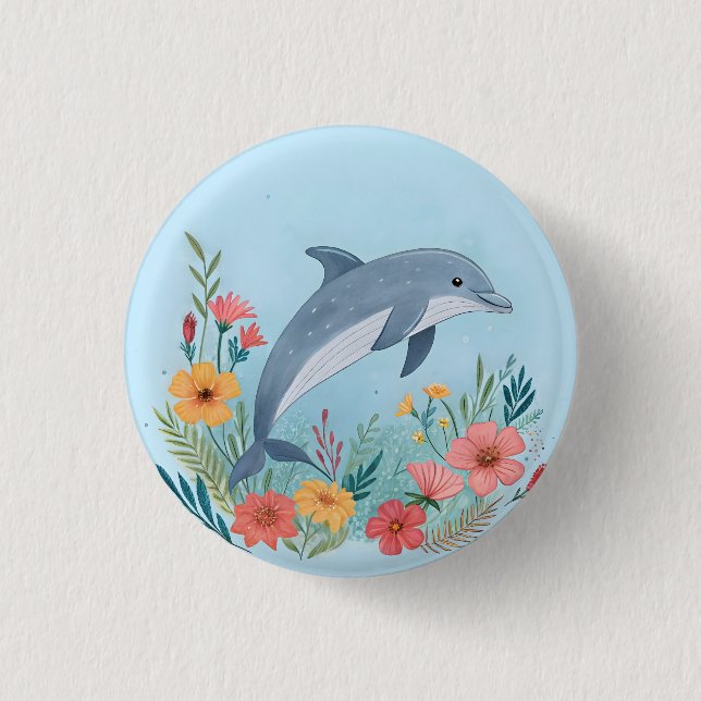 Floral Dolphin 1 Inch Round Button (Front)