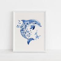 Floral Dolphin – Coastal Blue on Beige Wall Art