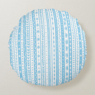 Floral doodle stripes in baby blue and white round pillow