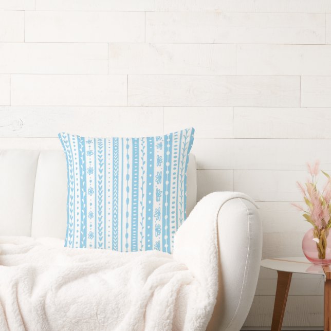 Floral doodle stripes in baby blue and white throw pillow (Couch)