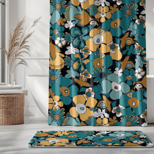 Floral Doodles Aqua Teal Mustard Black White
