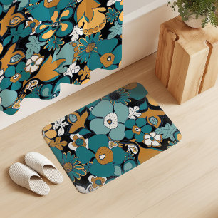 Floral Doodles Aqua Teal Mustard Black White Bath Mat