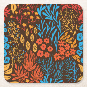 Floral doodles dark square paper coaster