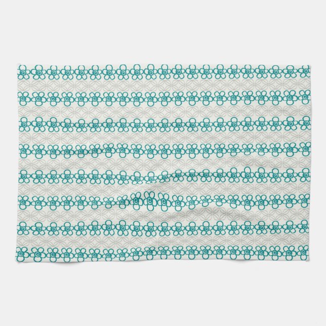 Floral Doodles in Turquoise and Grey Pattern Kitchen Towel (Horizontal)