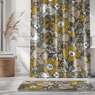 Floral Doodles Mustard Beige Taupe Grey Black  