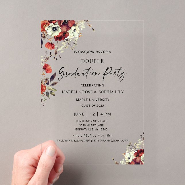 Floral Double Graduation Party Twin Graduation Acrylic Invitations (Insitu (Handheld))