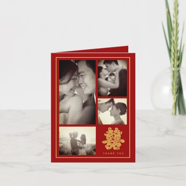 Floral Double Happiness Chinese Wedding 4 Photo Thank You Card (Front)