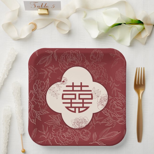 Floral Double Happiness Chinese Wedding Paper Plate (Wedding)