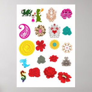 Floral Dragon Poster   Vintage Wall Art Print