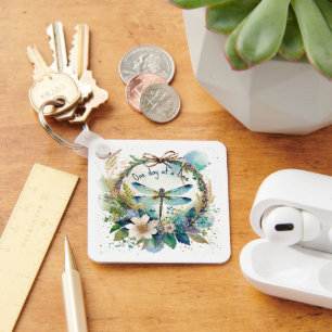 Floral dragonfly One day at a time Keychain
