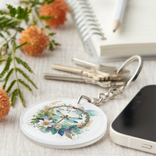 Floral dragonfly One day at a time Keychain