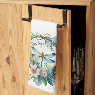 Floral dragonfly One day at a time Kitchen Towel