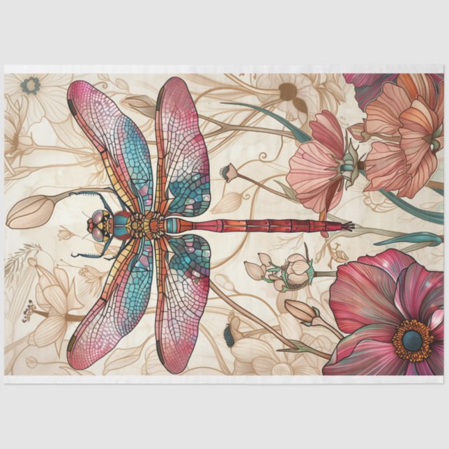 Floral Dragonfly Stained Glass Warm Whimsy Colours Tissue Paper (Front)
