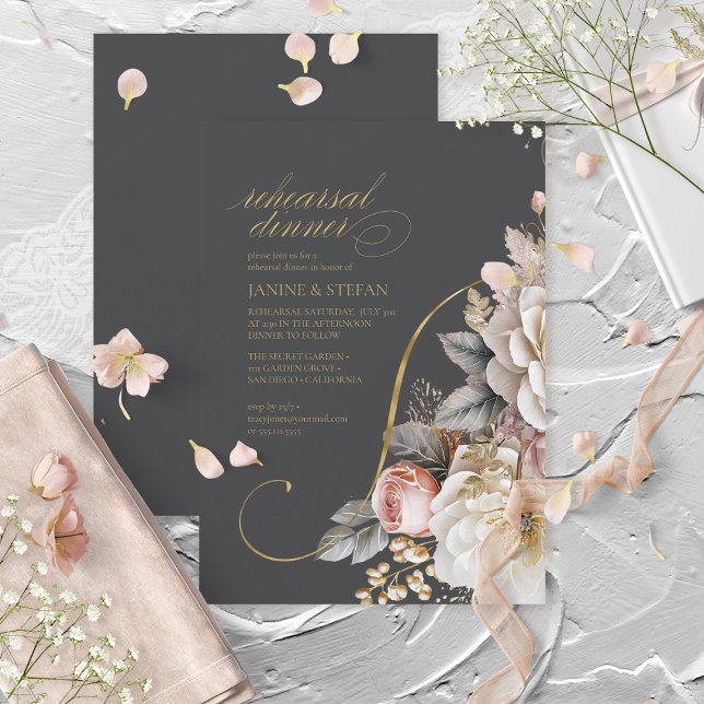 Floral Drama Rehearsal Dinner Charcoal ID1022 Invitation (Creator Uploaded)