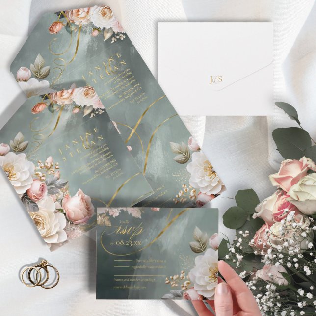 Floral Drama Wedding Green ID1022 All In One Invitation (Creator Uploaded)