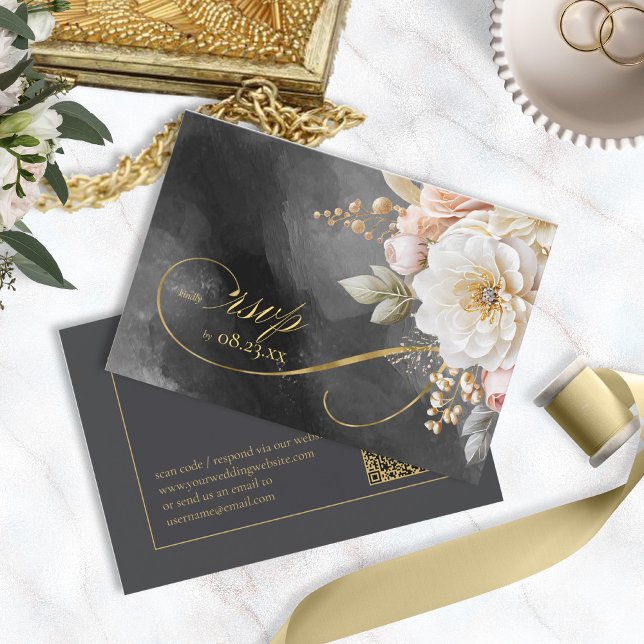 Floral Drama Wedding QR Code Charcoal ID1022 RSVP Card (Creator Uploaded)