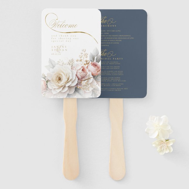 Floral Drama Wedding Welcome Blue ID1022 Hand Fan (Front and Back)