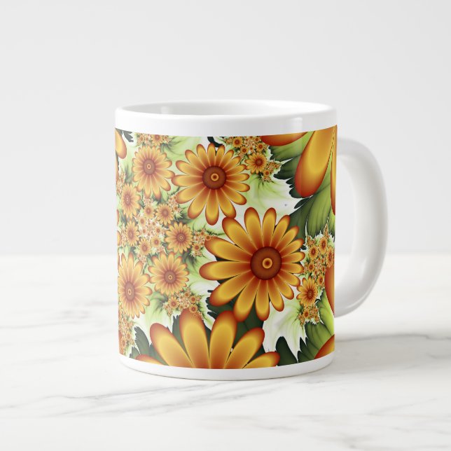 Floral Dream, Modern Abstract Flower Fractal Art Large Coffee Mug (Front Right)