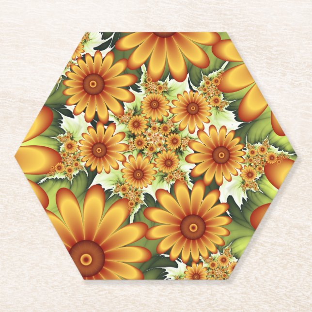 Floral Dream, Modern Abstract Flower Fractal Art Paper Coaster (Front)