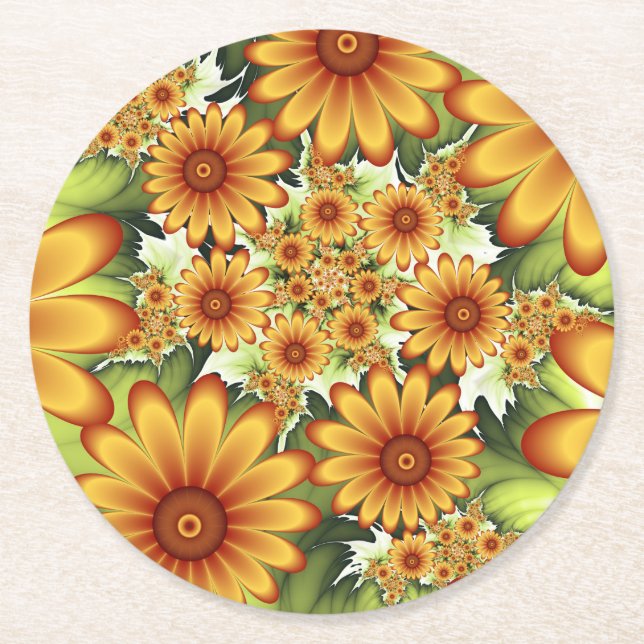 Floral Dream, Modern Abstract Flower Fractal Art Round Paper Coaster (Front)