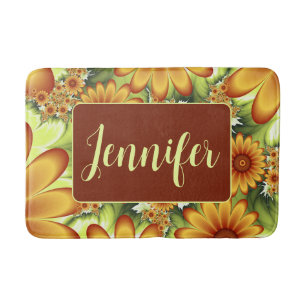 Floral Dream, Modern Abstract Flower Fractal Name Bath Mat
