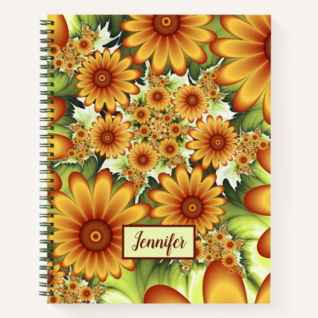 Floral Dream, Modern Abstract Flower Fractal Name Notebook (Front)