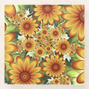 Floral Dream, Modern Abstract Flowers Fractal Art Glass Coaster