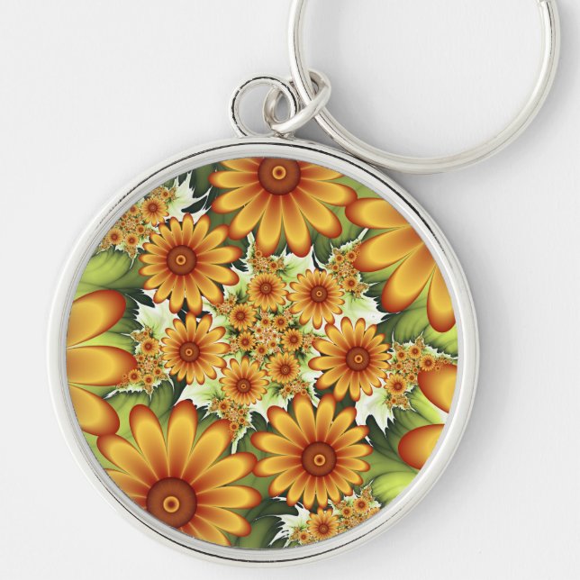 Floral Dream, Modern Abstract Flowers Fractal Art Keychain (Front)