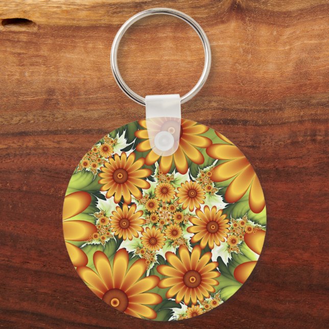 Floral Dream, Modern Abstract Flowers Fractal Art Keychain (Front)