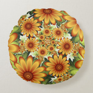 Floral Dream, Modern Abstract Flowers Fractal Art Round Pillow