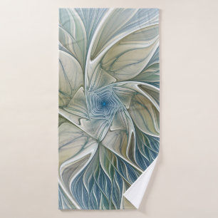 Floral Dream Pattern Abstract Blue Khaki Fractal Bath Towel