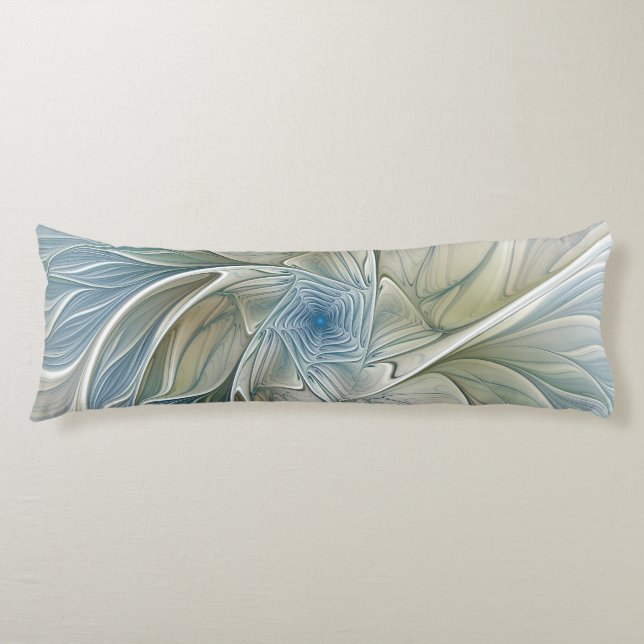 Floral Dream Pattern Abstract Blue Khaki Fractal Body Pillow (Front)