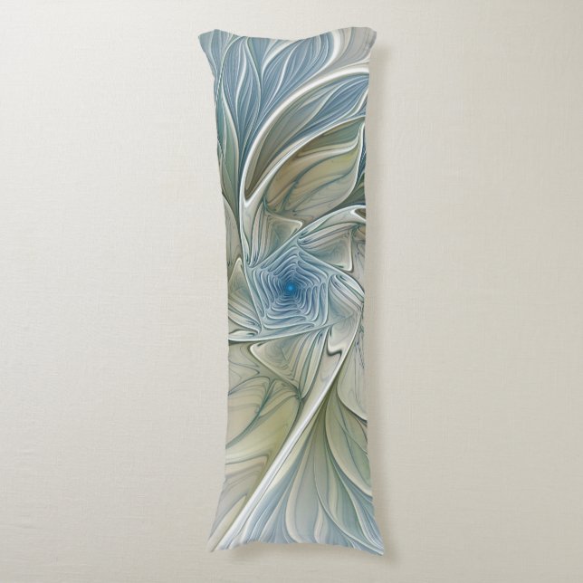 Floral Dream Pattern Abstract Blue Khaki Fractal Body Pillow (Front Vertical)